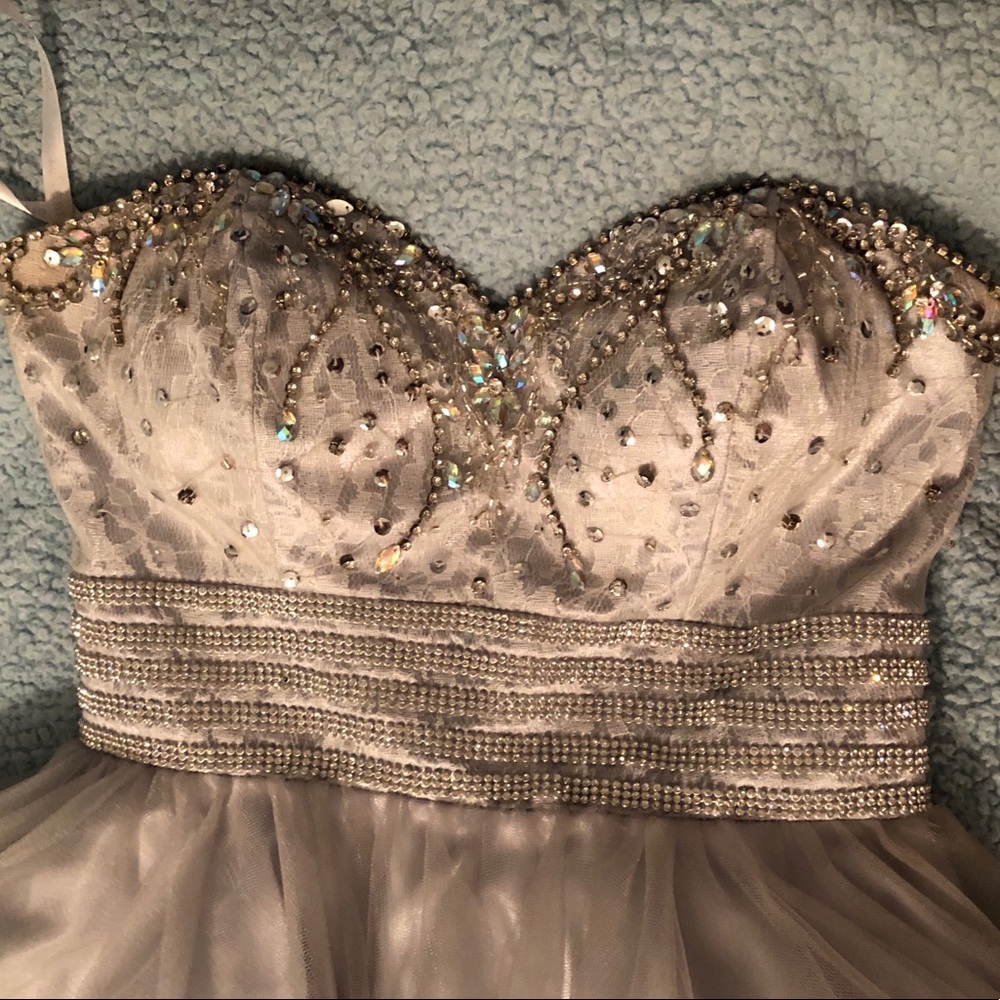 Silver rinestone short strapless prom dress